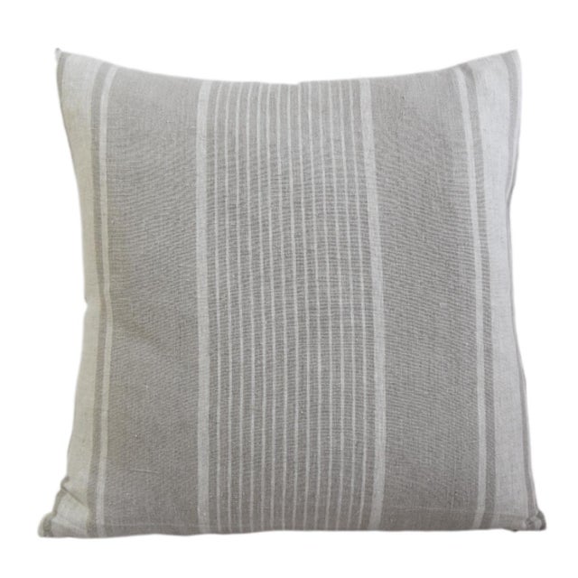 Custom-tailored pillow crafted from a French taupe-and-white striped linen fabric. Taupe-colored linen fabric back....