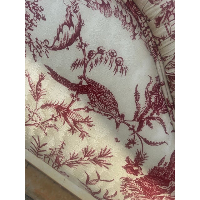 Vintage French Country Toile Upholstered Headboard – King/Queen, Rolled Silhouette For Sale - Image 9 of 10