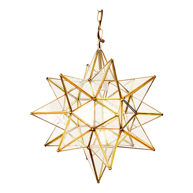 Matthew Izzo Home 15" Clear Glass Moravian Star Pendant Light With Brass Trim For Sale