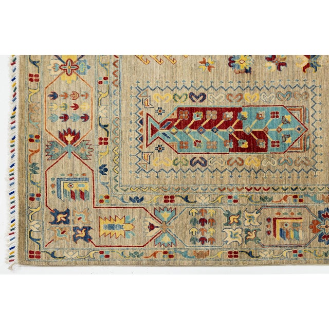 Kazak Style Hand-Knotted Wool Rug – Neutral Beige & Vibrant Multi-Color Tribal For Sale In New York - Image 6 of 10