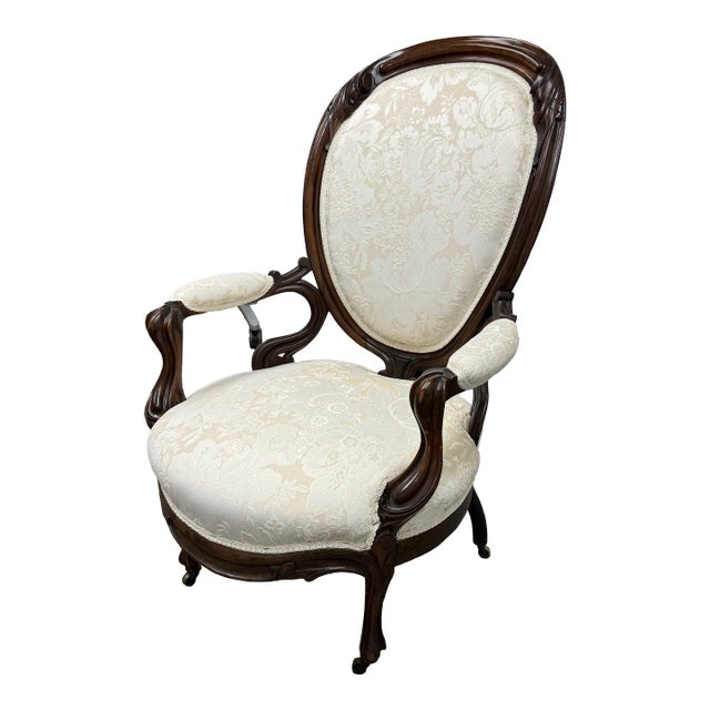 Victorian Rococo Revival Carved Wood Balloon Back Armchair For Sale