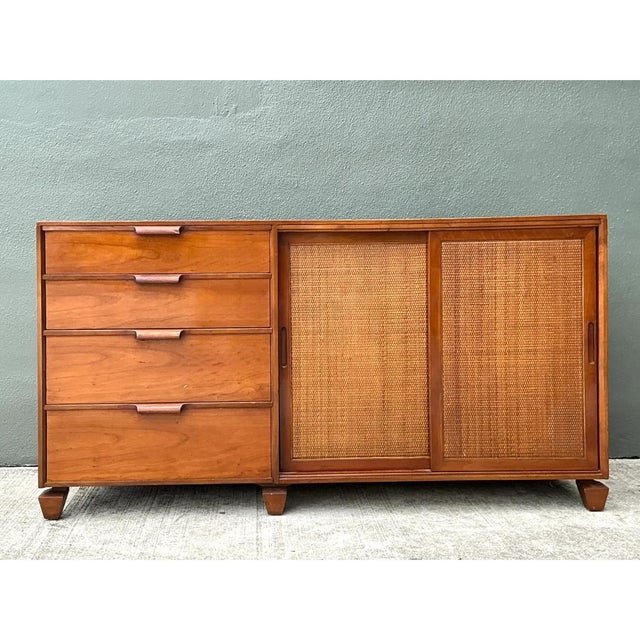 Mid-Century Modern Vintage Tomlinson Wood Credenza With Sliding Seagrass Doors For Sale - Image 3 of 12