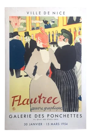 Toulouse Lautrec Vintage 1954 Lithograph Print Collector's French Exhibition Poster "At the Moulin Rouge : Le Goulue and Her Sister " 1892