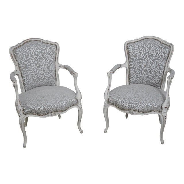 Pair French Louis XV Custom Upholstered Open Armchairs For Sale