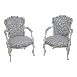Pair French Louis XV Custom Upholstered Open Armchairs