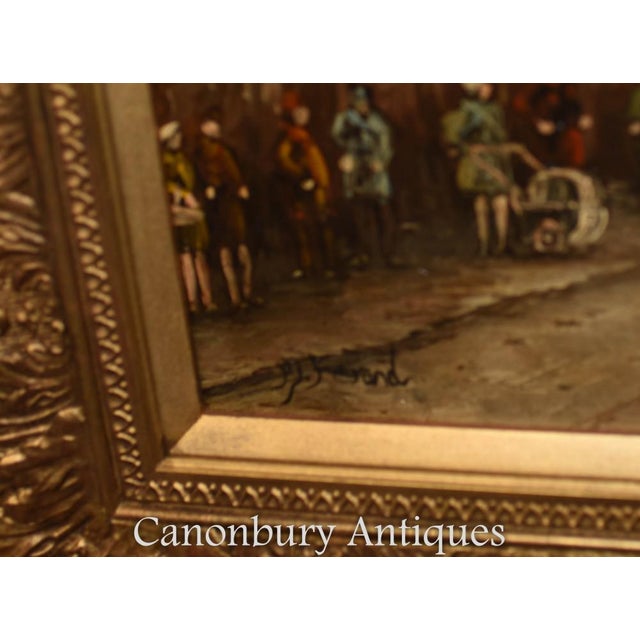 Gorgeous Italian oil painting showing a medieval cityscape scene - Various figures gathered with the stone arch in the...