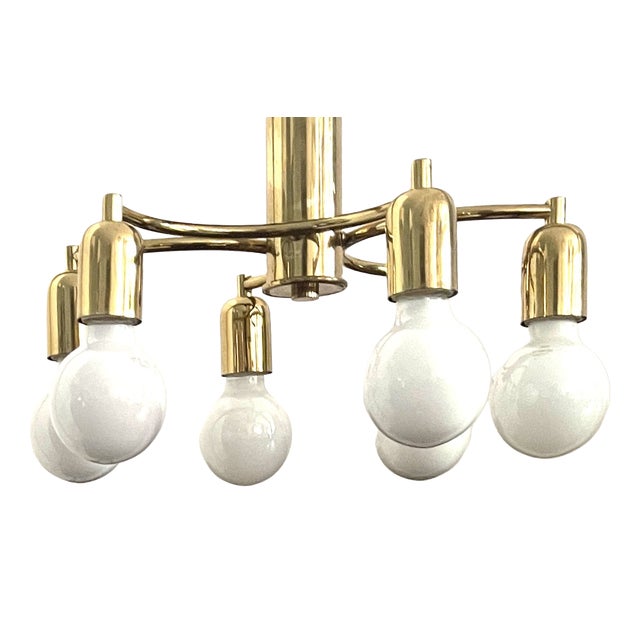 Mid-Century Modern German Six-Light Polished Brass Ceiling Lamp, 1970s For Sale