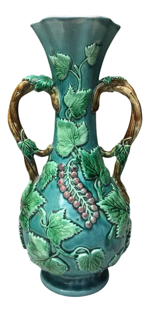 French Majolica Vase with Leaves and Berries, circa 1880