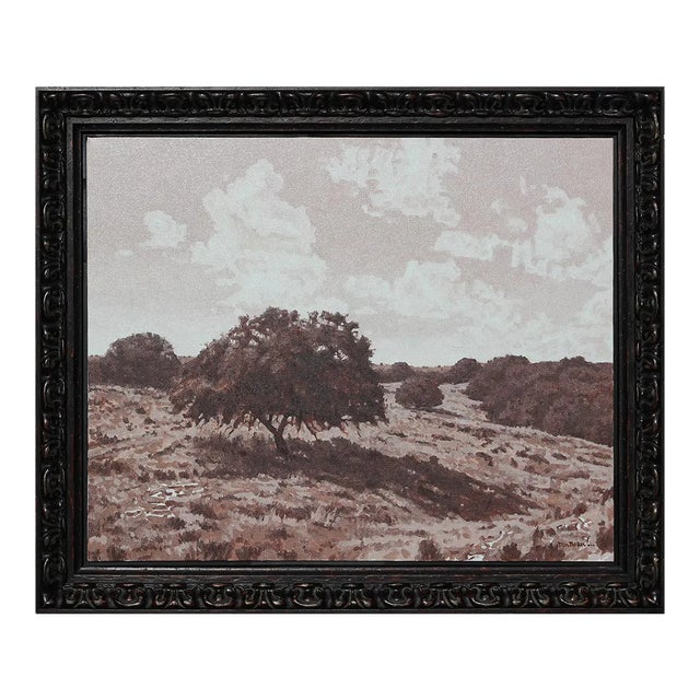 Late 20th Century Impressionistic Sepia Toned Pastoral Hill Country Landscape Painting With Trees by Dan Baker For Sale