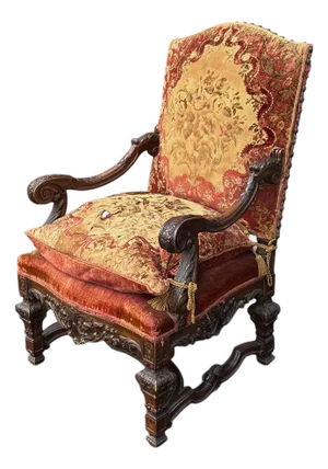 Antique 19thC Continental Carved Mahogany Heavy Armchair W/Velvet Needlepoint Upholstery