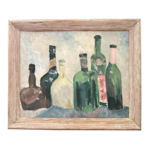 Mid-Century Modern "Six Bottles" Expressive Original Still Life Oil Painting, Framed