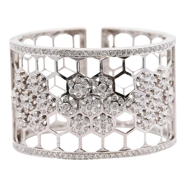 6.5 CTTW Round Cut Diamond Honeycomb Motif 18k White Gold Bangle Bracelet For Sale