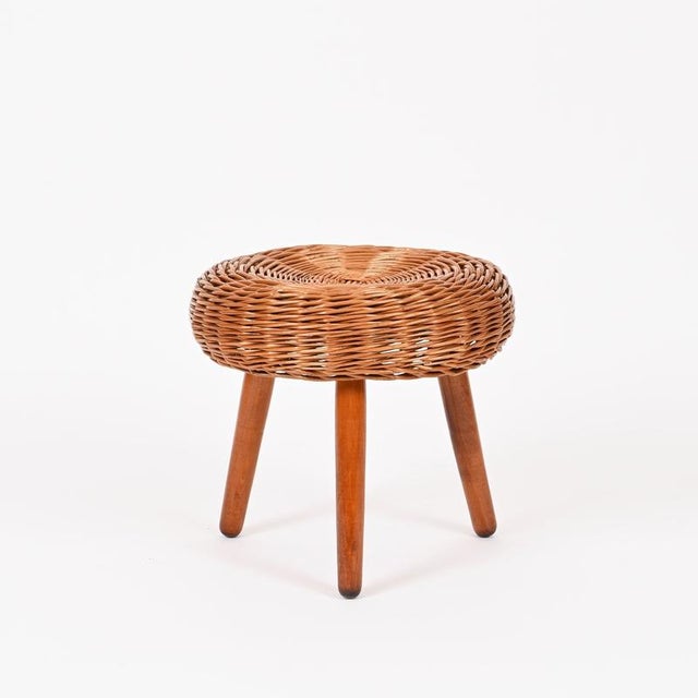 1950s Mid-Century Stool or Side Table in Wicker and Wood by Tony Paul, Italy, 1950s For Sale - Image 5 of 11
