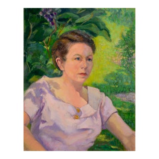 1960s Portrait Painting of a Woman Wearing Lavender in a Garden by Sol Jasner For Sale