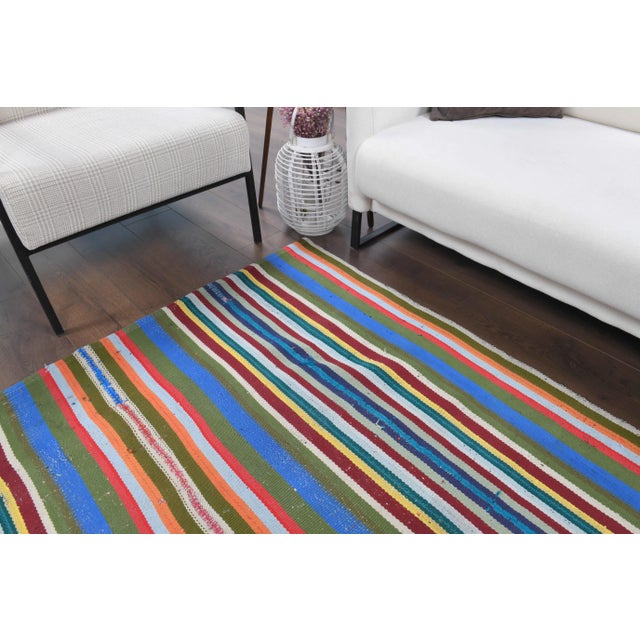 Vintage Turkish Oushak Handmade Wool Cotton Blue Kilim Area Rug For Sale - Image 6 of 11