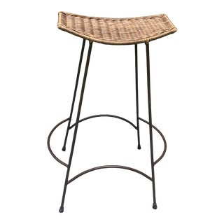 1960s Arthur Umanoff Rattan & Wrought Iron Stool For Sale