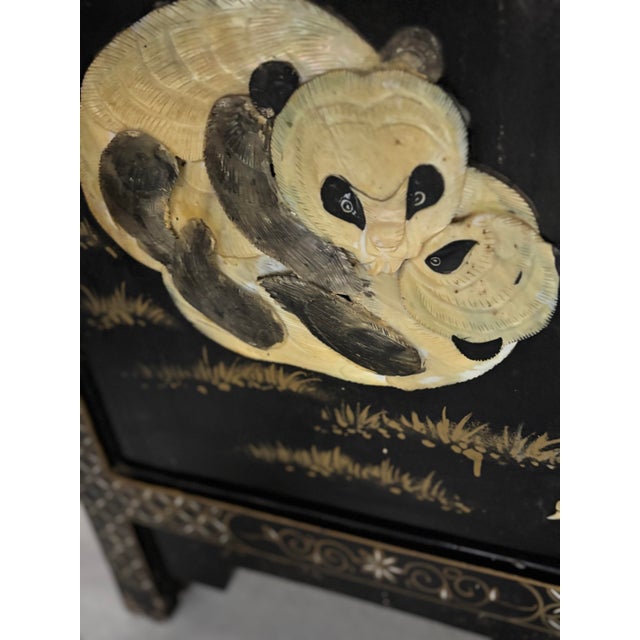 Early 19th Century Early 19th Century Large 4 Panel, Room Divider/ Work of Art. Carved Mother-of-Pearl on Ebony Enamel Wood Depicting Family of Pandas. For Sale - Image 5 of 9