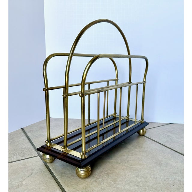 Brass English Victorian Brass Wood Newspaper Magazine Rack For Sale - Image 8 of 18