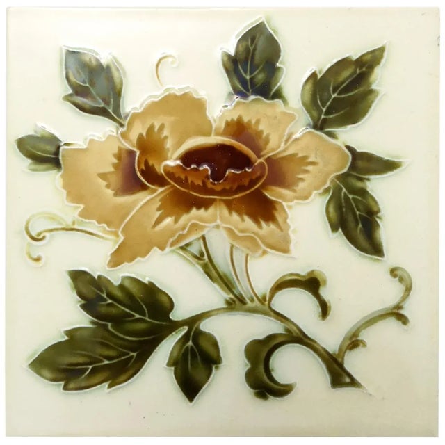This is an amazing set of antique Art Nouveau handmade tiles with an image of yellow rose in relief on a soft yellow...