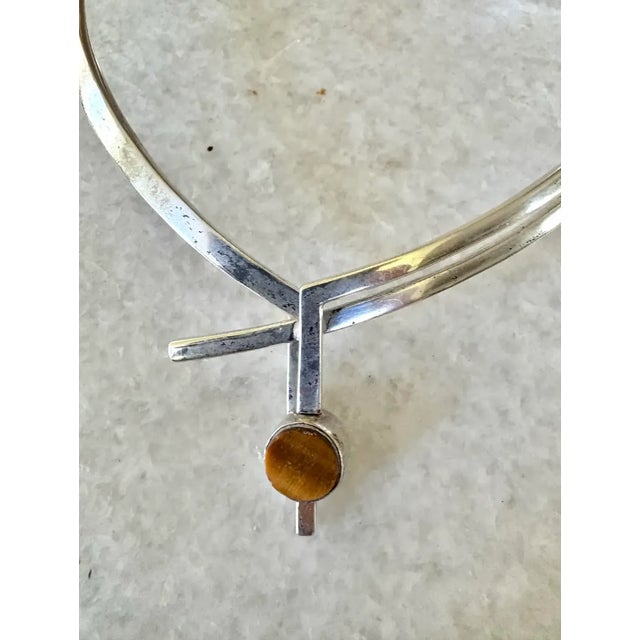 Mid-Century Modern Vintage Mid-Century Antonio Pineda Sigi Taxco Sterling Silver, Tiger's Eye, and Onyx Sculputural Necklace With Artist Markings For Sale - Image 3 of 8