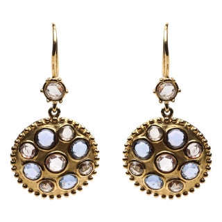 18K Yellow Gold 1 2/3 Cttw Diamond and Blue Sapphire Bezel Set Gemstone Cluster Medallion Dangle Earrings, A Pair For Sale