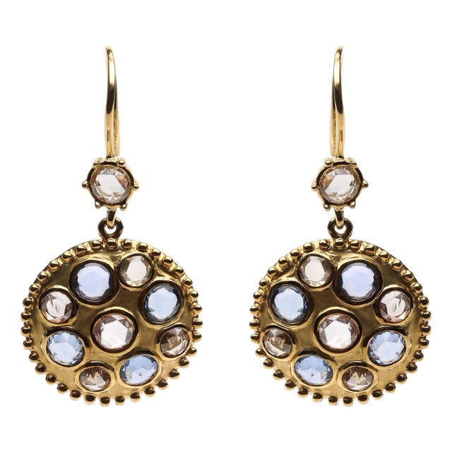 18K Yellow Gold 1 2/3 Cttw Diamond and Blue Sapphire Bezel Set Gemstone Cluster Medallion Dangle Earrings, A Pair For Sale