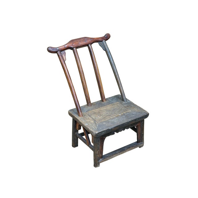 1970s Vintage Rustic Patina Small Low Wood Bench Stool Table W Back For Sale - Image 5 of 9