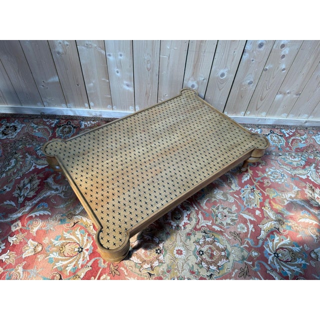 Wood English Victorian Coffee Table with Brass Toupie Legs and Star-Patterned Top, 1980s For Sale - Image 7 of 9