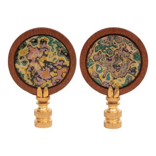 Faux Marble Gemstone Graffiti Lamp Finials on Brass Hardware - a Pair For Sale