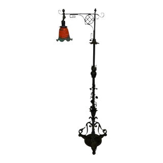 Vintage 1920s Spanish Revival Wrought Iron Bridge Floor Lamp With Ruffled Sunset Art Glass Shade Adjustable 55" - 67" 1920s-1930s For Sale