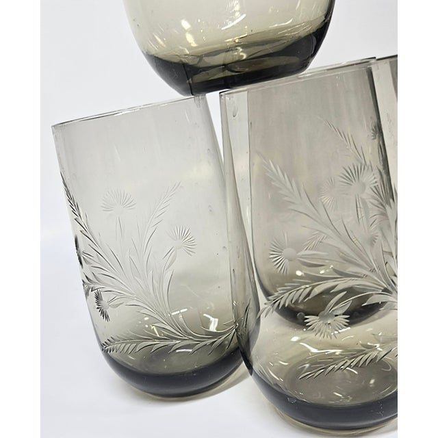 Art Nouveau Mid 20th Century Handcarved Dandelion Crystal Stemless Goblets- Set of Four For Sale - Image 3 of 13