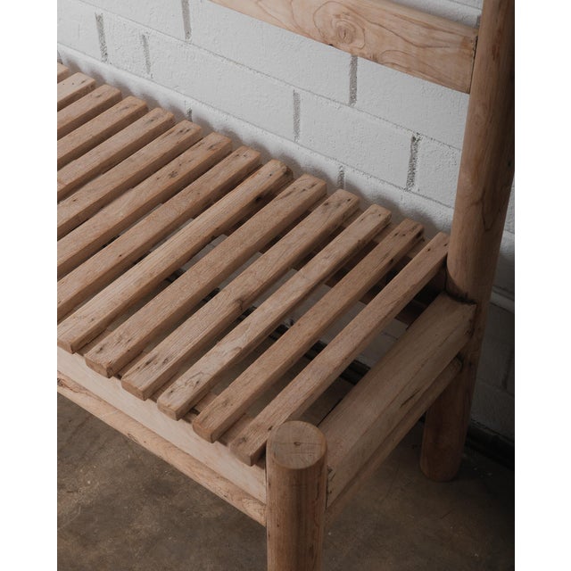 Late 20th Century Rustic Lodge Style Solid Wood Slatted Bench With Log Frame and Natural Finish For Sale - Image 5 of 5