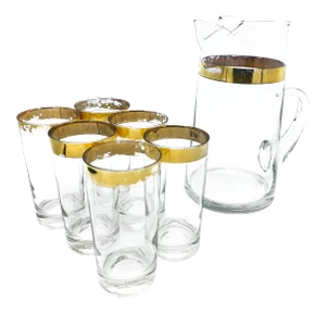 Vintage Mid-Century Large Glass Pitcher Set With Gold Detailing - 7 Piece Set