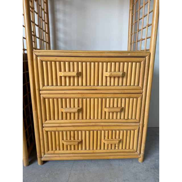 Vintage Coastal Pagoda-Style Rattan Etagères With Three Drawers – A Pair For Sale - Image 4 of 12