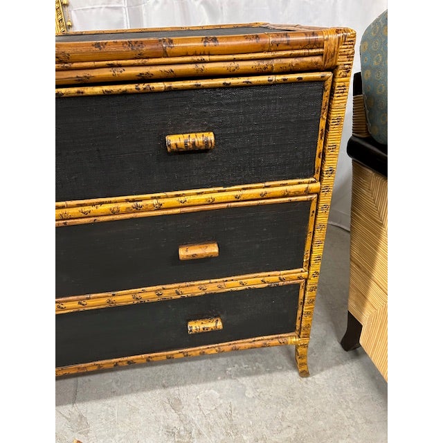 English Vintage Cane Rattan Burnt Bamboo Style Grasscloth Chest For Sale - Image 3 of 8