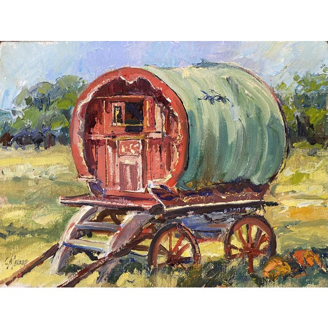 Contemporary "My Gypsy Mobile" ~ Lorie Batson, Original Oil Painting. Captures a Charming, Rustic Scene of a Small Gypsy Wagon. For Sale - Image 3 of 10