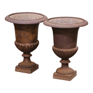Pair of 19th Century French Cast Iron Medici Urns With Original Patina For Sale