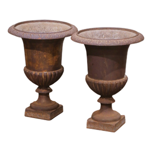 Pair of 19th Century French Cast Iron Medici Urns With Original Patina