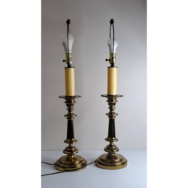 Mid 20th Century Vintage Mid-Century Modern Heavy Brass Beehive Candlestick Boudoir Table Lamps 31" Tall - a Pair For Sale - Image 5 of 10