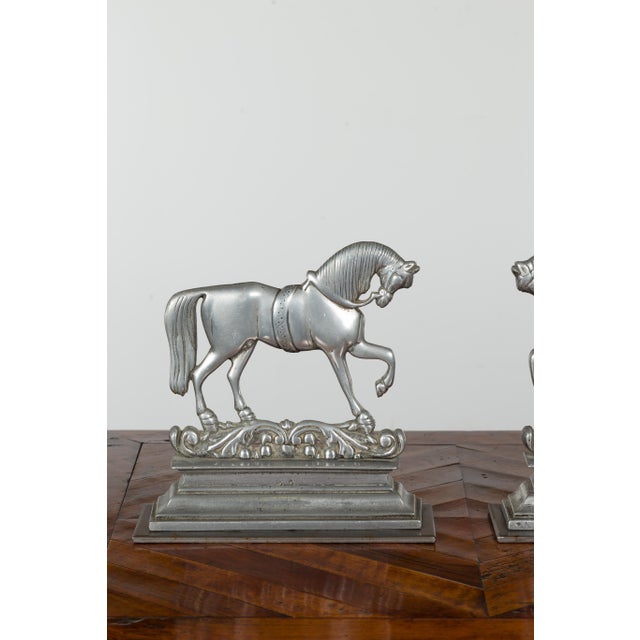 Silver Early 20th Century Pair of English Turn of the Century Metal Bookends Depicting Prancing Horses For Sale - Image 8 of 12
