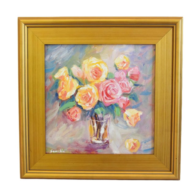 Bouquet of Pastel English Roses in Vase Oil Painting W/ Antiqued Gold Wood Frame For Sale - Image 9 of 10