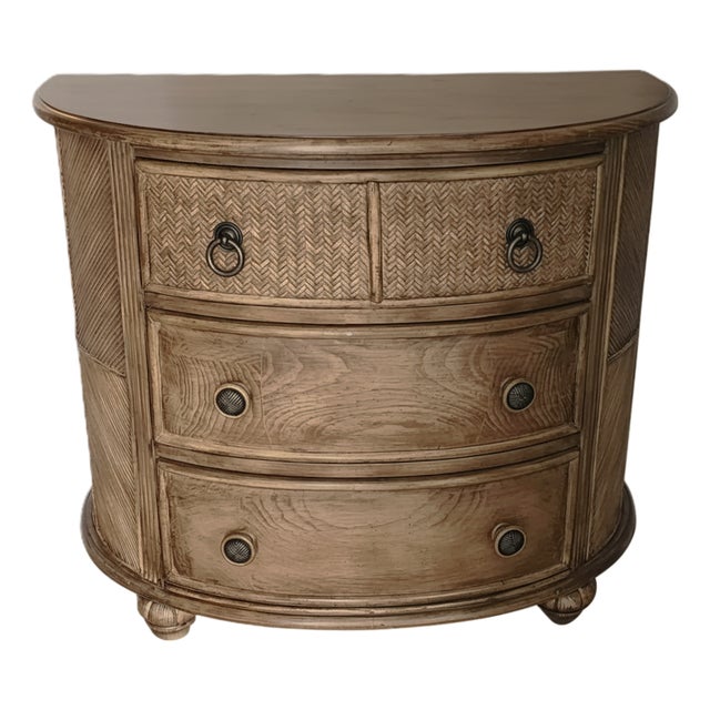 1990s Braxton Culler Coastal Demilune 3 Drawer Chest - Woven Rattan Reed & Oak - Carved Melon Feet - 36" W For Sale