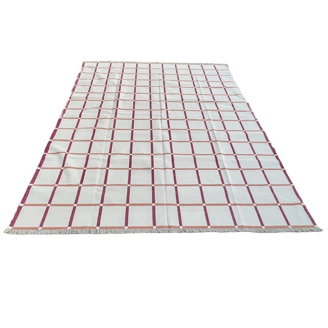 Not Yet Made - Made To Order Handmade Cotton Area Rug Cream, Raspberry Pink & Terracotta Red Windowpane Dhurrie - 9'x12' For Sale - Image 9 of 11