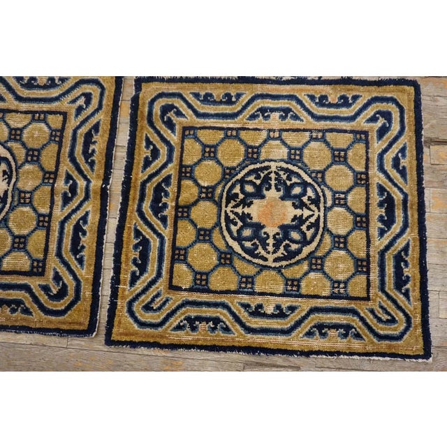 1820s Blue Navy Geometric Pair of Antique Chinese Ningxia Rug 2'2" X 2'0" Knotted Pile Wool Carpets For Sale - Image 9 of 11