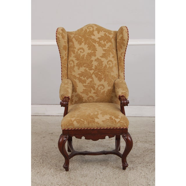 French Pair French Oak Carved Wing Back Damask Chairs For Sale - Image 3 of 18