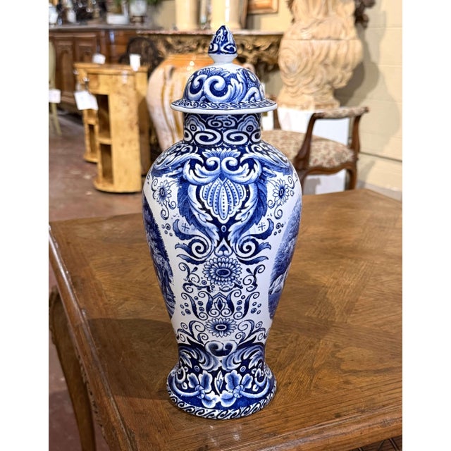Ceramic Mid-Century Dutch Delft Blue and White Lidded Ceramic Vase by Maastricht For Sale - Image 7 of 9