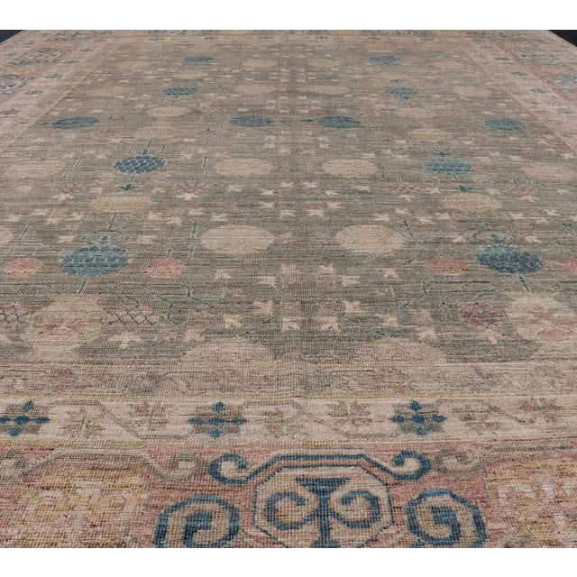 Large Modern Tribal Khotan Rug in Shades of Cream Green Blue and Coral For Sale In Atlanta - Image 6 of 12