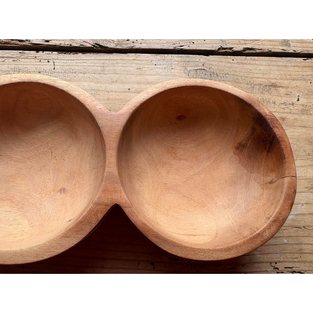 Vintage Hand-Carved Triple Wooden Serving Bowl | Sculptural Mid-Century Modern Condiment Dish For Sale - Image 9 of 9