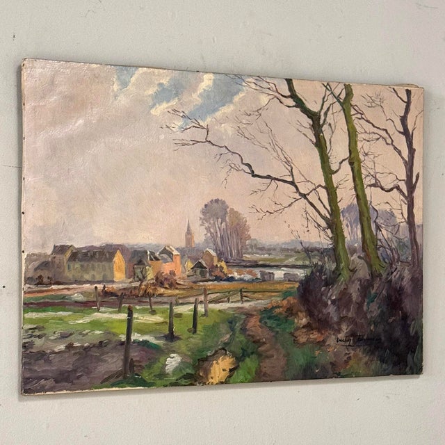 1920s Antique Oil Painting on Canvas by Victor Fermans 'Winter Village Landscape' For Sale - Image 5 of 16