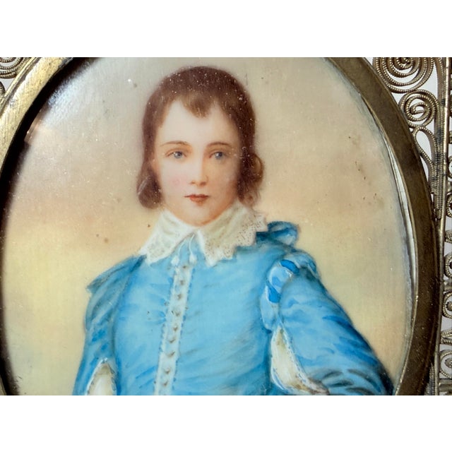 2 Sided Antique 1800's Miniature Mini Original Painting Portrait the Blue Boy For Sale - Image 4 of 14
